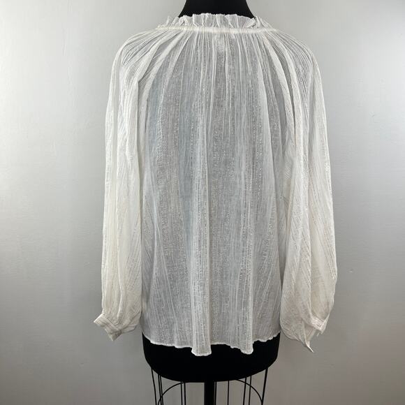 JOIE Elza White Metallic Gold Stripe Cotton Blouse V-Neck Ruffles Sheer Top S SM - Picture 7 of 9